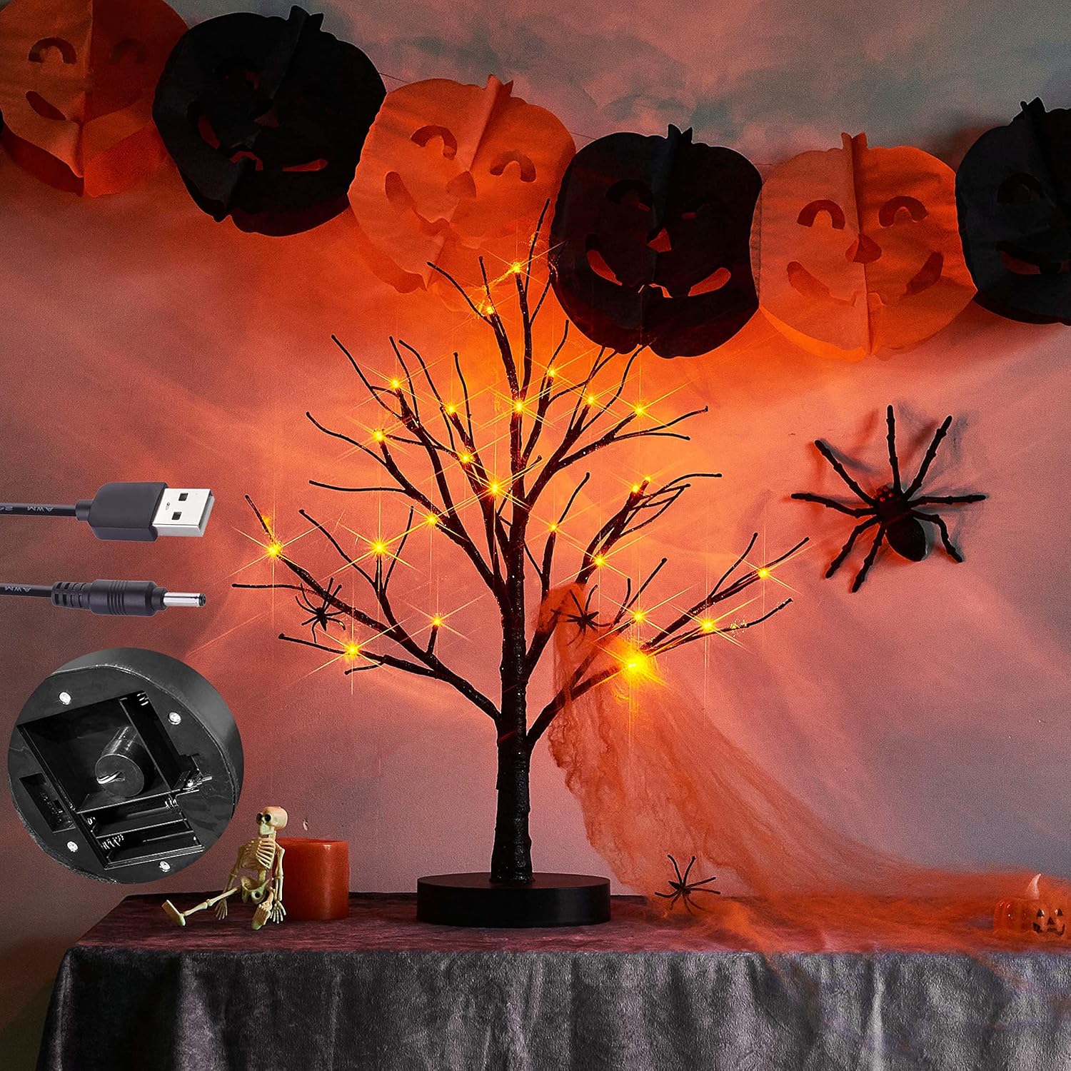 Trees - LITBLOOM Lighted Spooky Halloween Tree with Timer Battery Operated or USB Plug in, Pre-lit Black Glittered Tabletop Tree with Orange Lights 24L 18IN for Halloween Home Party Decoration Indoor