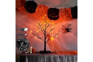 LITBLOOM Lighted Spooky Halloween Tree with Timer Battery Operated or USB Plug in, Pre-lit Black Glittered Tabletop Tree with Orange Lights 24L 18IN for Halloween Home Party Decoration Indoor