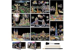 AP ARTSPER Scratch Art for Kids & Adults, Rainbow Engraving Painting Landscape Scratchboard(A4) Crafts Set: 8 Sheets 4 tools - Fireworks, Big Ben, Tower Bridge, Cristo Redentor, Ferris Wheel(Landmark Building)