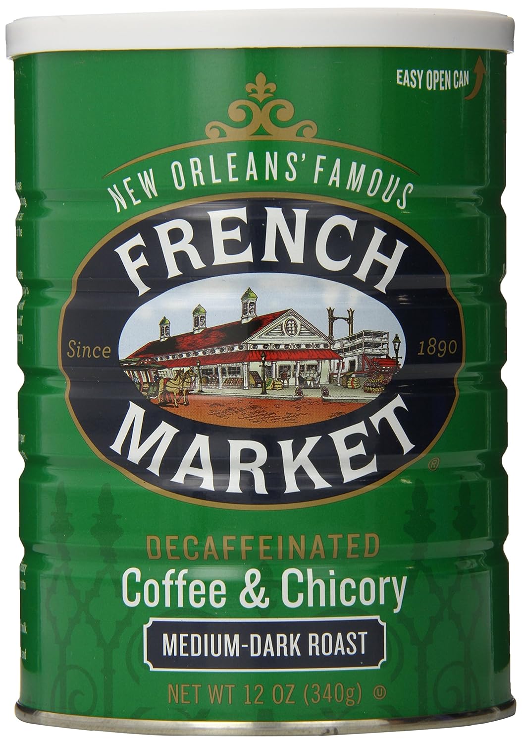 French Market Coffee, Coffee & Chicory, Decaffeinated Medium-Dark Roast Ground Coffee, 12 Ounce Metal Can