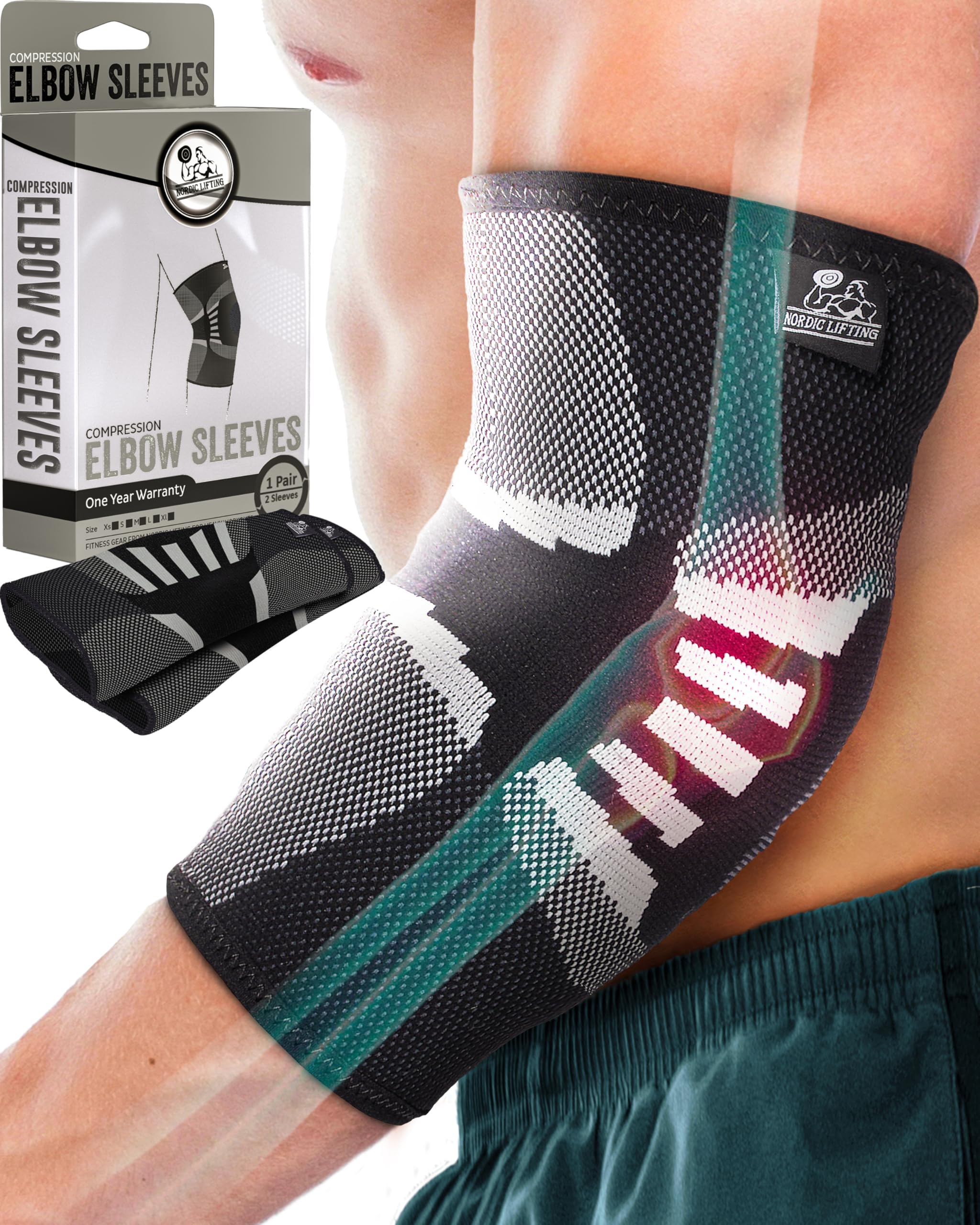 Photo 1 of Nordic Lifting Elbow Compression Sleeves (1 Pair) for Men & Women - Support for Pain Relief, Tendonitis, Golfer’s & Tennis Elbow - Weightlifting Brace for Workout, Arm & Joint Recovery (Grey, Large)