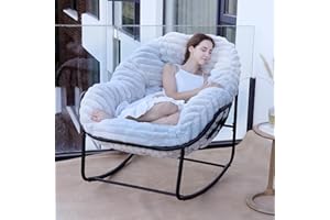 Naga Bahna Outdoor Rocking Chair, Patio Wicker Egg Chair, Indoor Comfy Oversized Papasan Chair with Padded Cushion, Royal Rattan Rocker for Front Porch, Garden, Patio (Light Grey)