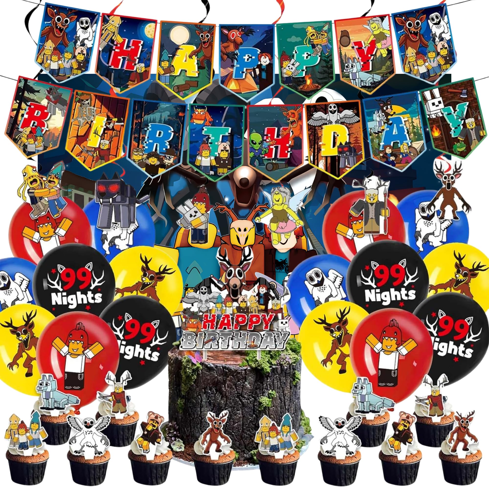 Photo 1 of Lemoneon 99 Nights in the Forest Birthday Party Decorations Supplies Happy Birthday Banner Cake Cupcake Toppers Balloons Hanging Swirls Background