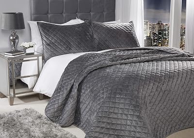 Quilted Plush Velvet Cross Stitch Bedspread + 2 Pillow Shams - Silver Grey