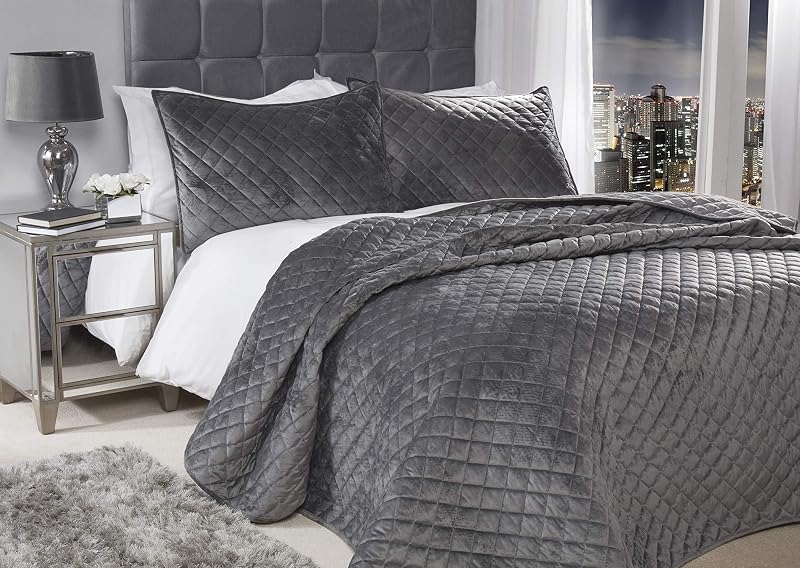 Quilted Plush Velvet Cross Stitch Bedspread + 2 Pillow Shams - Silver Grey