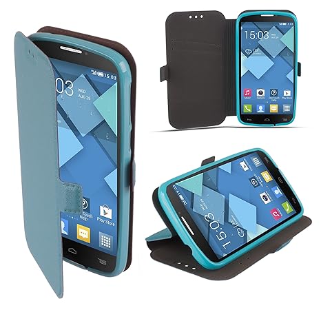 Moozy Hülle Flip Case für Alcatel C7 One Touch 7041D, Blau - Dünne Glitzer Handy Klapphülle Shine Book mit Stand