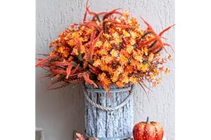 AXYLEX Artificial Fall Flowers for Outdoors Fake Mums - 16 Bundles Faux Fall Decor Plants No Fade Shrubs (16, OrangeGreen)