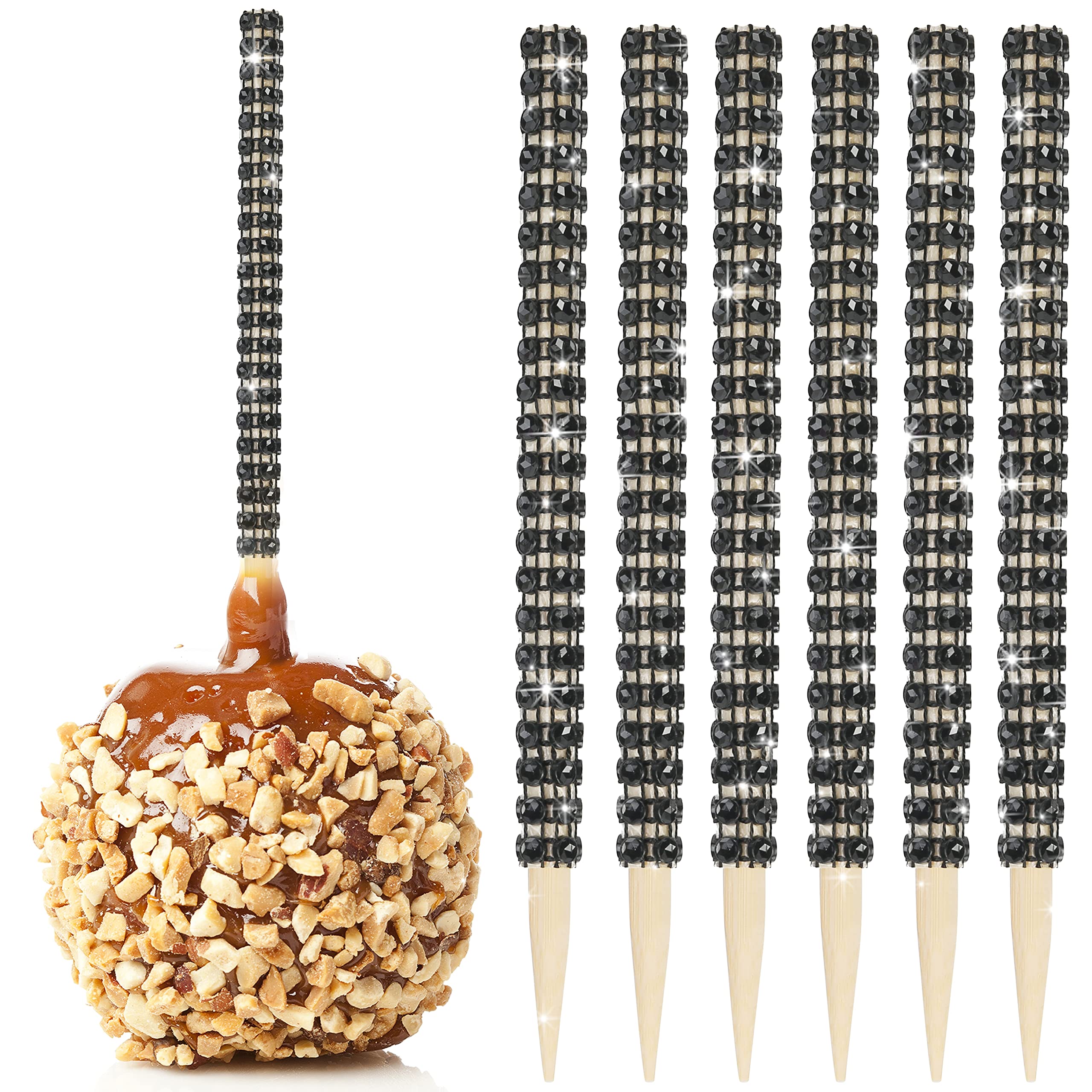 Photo 1 of 32 PCS Bling Candy Apple Bamboo Sticks, Caramel Apple Wooden Pointed Skewers with Rhinestones Diamond Mesh Wrap, Fruit Treats Pop Dec Bar for Dessert Table Tea Party Birthday Wedding Christmas (Black)