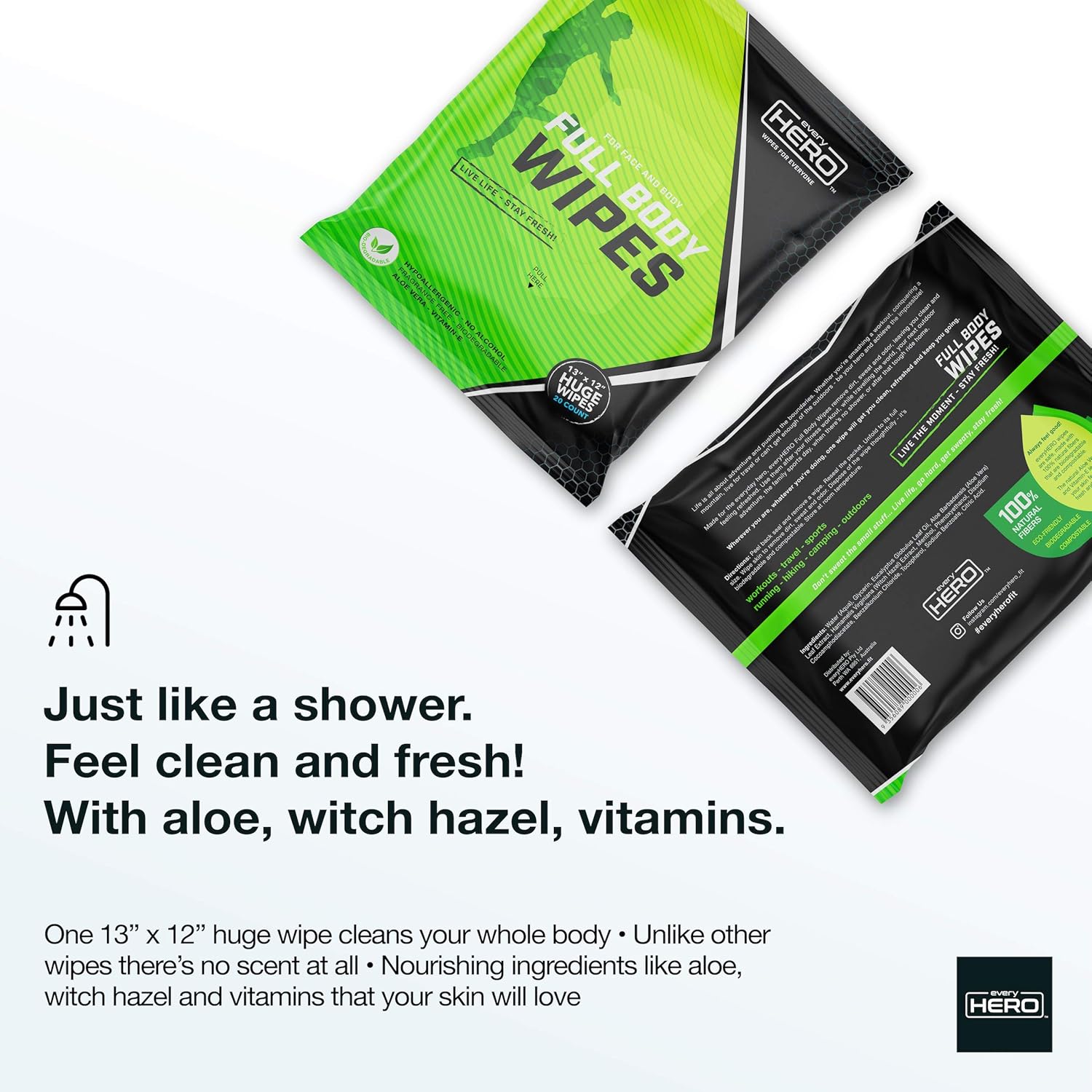 everyHERO Body Wipes 20 Count - No Shower Wipes for Adults - Extra Large for Post Workout, Camping, Travel - Unscented - Biodegradable - All Natural: Health & Personal Care