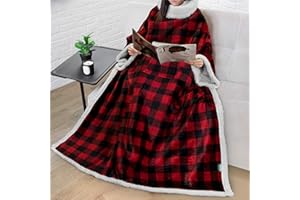 PAVILIA Sherpa Fleece Blanket with Sleeves Women Men Adult, Wearable Blanket Warm Soft Plush Thick, Hug Sleep Pod Snuggle Pocket Sleeved TV Throw Wrap, Cozy Idea Mom Wife, Checkered Red