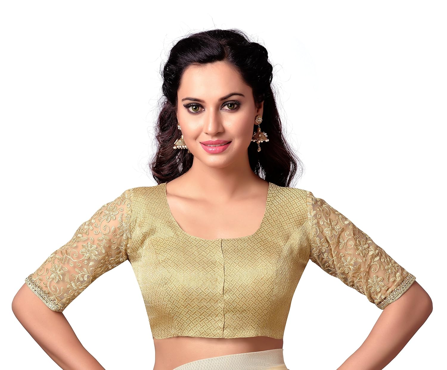 studio shringaar latest golden brocade readymade saree blouse with elbow length embroidered net sleeves