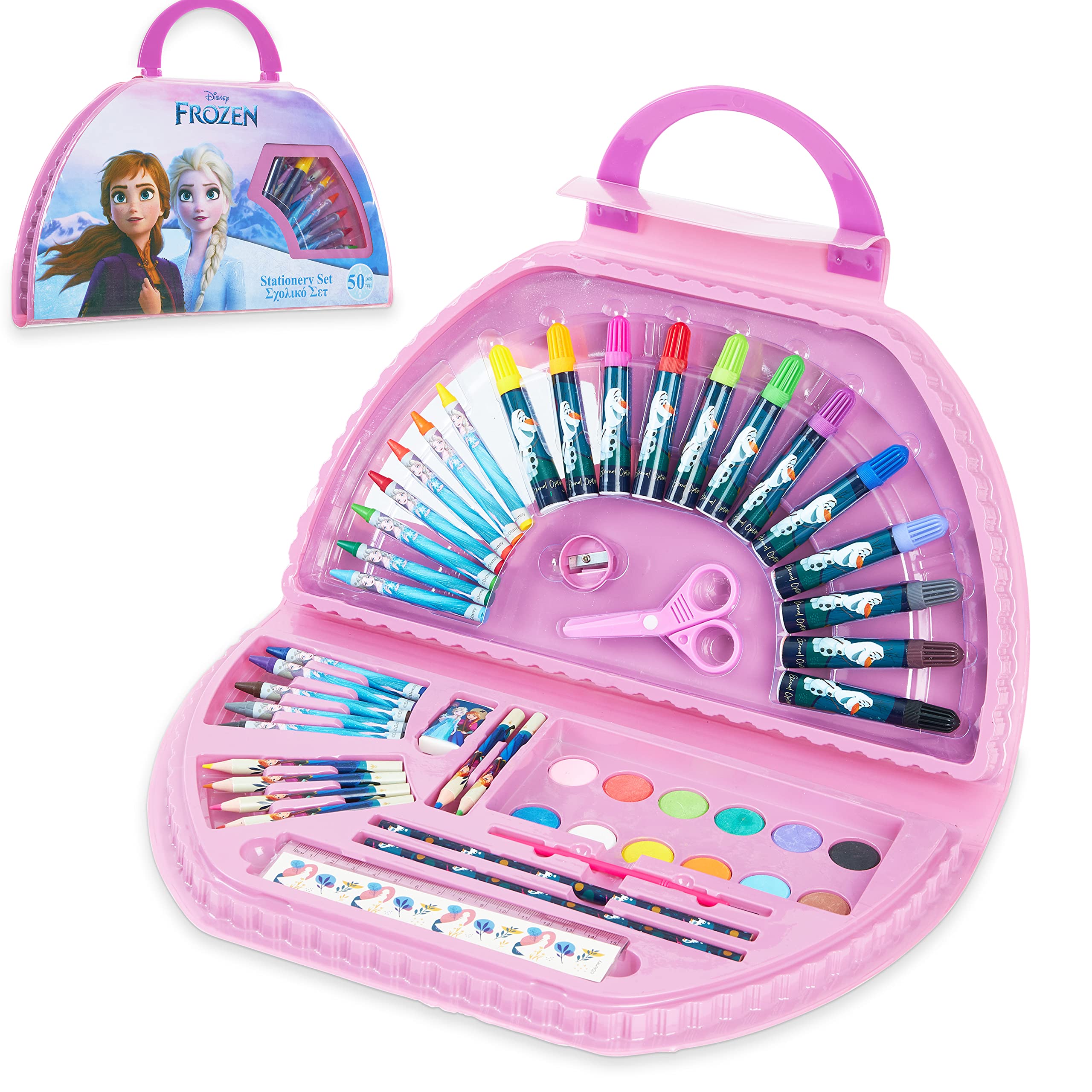 Disney Frozen Art Set for Girls with Colouring Pencils Felt Tip Pens Stationery Paints for Kids Elsa Art Supplies School Travel 50 Pcs Gift Set (Pink Frozen)