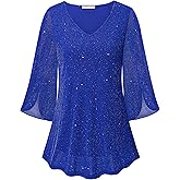 Bebonnie Womens Ruffle 3/4 Sleeve V Neck Double Layers Mesh Blouses Loose Fit Flowy Tunic Tops