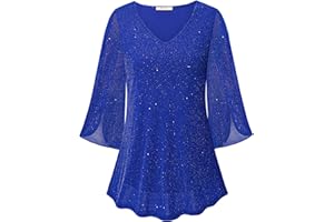 Bebonnie Womens Ruffle 3/4 Sleeve V Neck Double Layers Mesh Blouses Loose Fit Flowy Tunic Tops