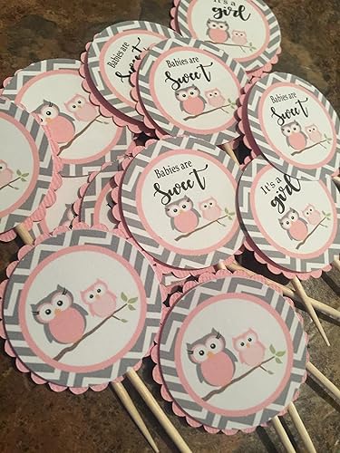Amazon Com Sweet Owl Baby Shower Cupcake Toppers Yellow Pink Or