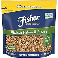 Fisher Walnut Halves and Pieces, 32 Ounces, California Grown Walnuts, Unsalted, Naturally Gluten Free, No Preservatives, Non-
