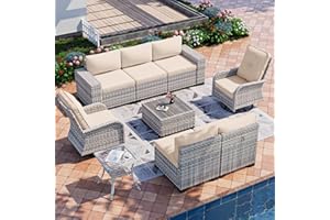 Muphyers 9-Piece Outdoor Patio Furniture Set with Rocking Swivel Chair Wicker Sectional Sofa Set, Patio Conversation Set with Thickened Cushions & Coffee Table for Garden, Backyard, Poolside, Beige