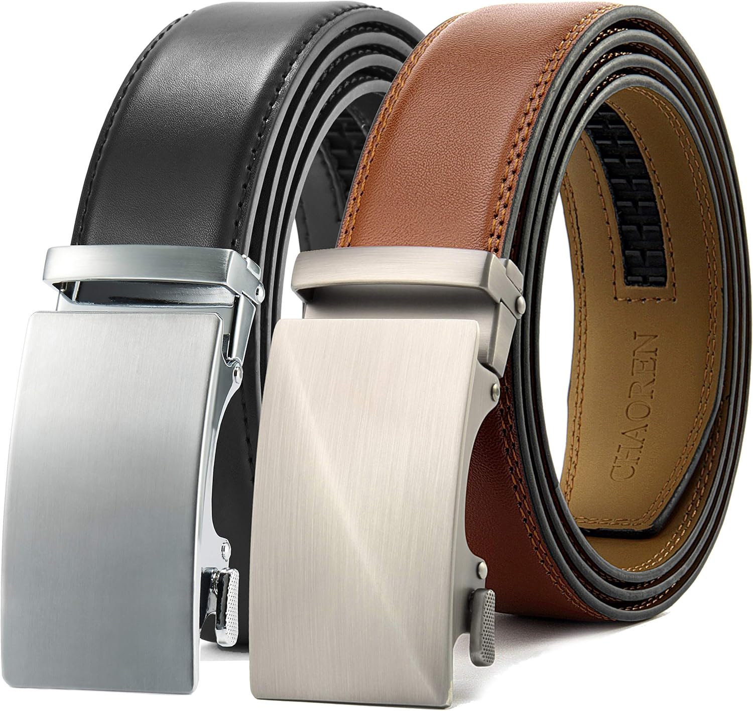 Chaoren Leather Ratchet Belt 2 Pack Dress with Click Sliding Buckle 1 3/8" in Gift Set Box