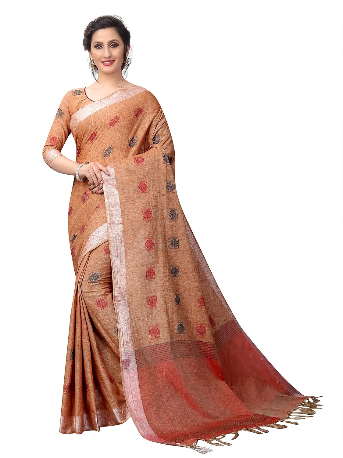 perfectblue women's linen saree with blouse piece (linenroundvariation)