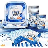 Izzy 'n' Dizzy Hanukkah Plates And Napkins Set - Hanukkah Party Set - 7" And 9" Plates, Cups, Napkins and Tablecloth - Serves 16