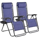 Foristrail Zero Gravity Chair Set of 2 Oversized Folding Recliner, Padded Anti Gravity Lounge Chair with Adjustable Pillow &amp; Cup Holder for Outdoor Camping, Patio, Poolside, Lawn (Blue)
