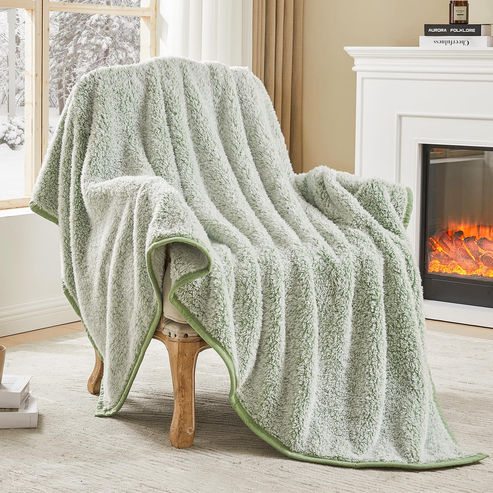 EMME Fuzzy Fleece Warm Blanket - Throw Size, Ultra Soft Sherpa, Microfiber, Cozy, Lightweight, Reversible, Sage Green, 130x150cm — image 1