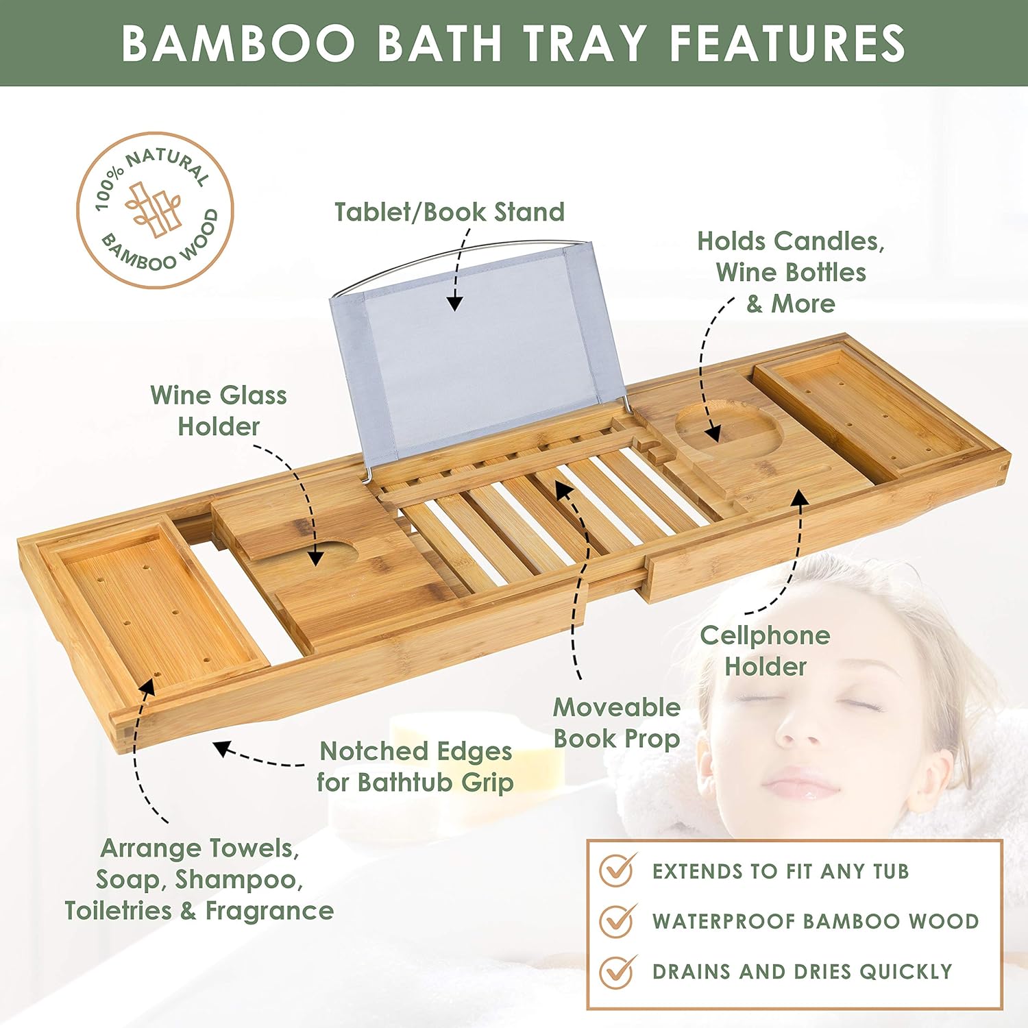 LOVERY Premium Bamboo Bathtub Caddy Tray Gift Set with Scented Bath Bombs, Shower Gel, Shampoo and Bubble Bath - Luxury Bathtub Tray with Book and Wine Holder - Expandable Tray to Fit Any Tub: Home & Kitchen