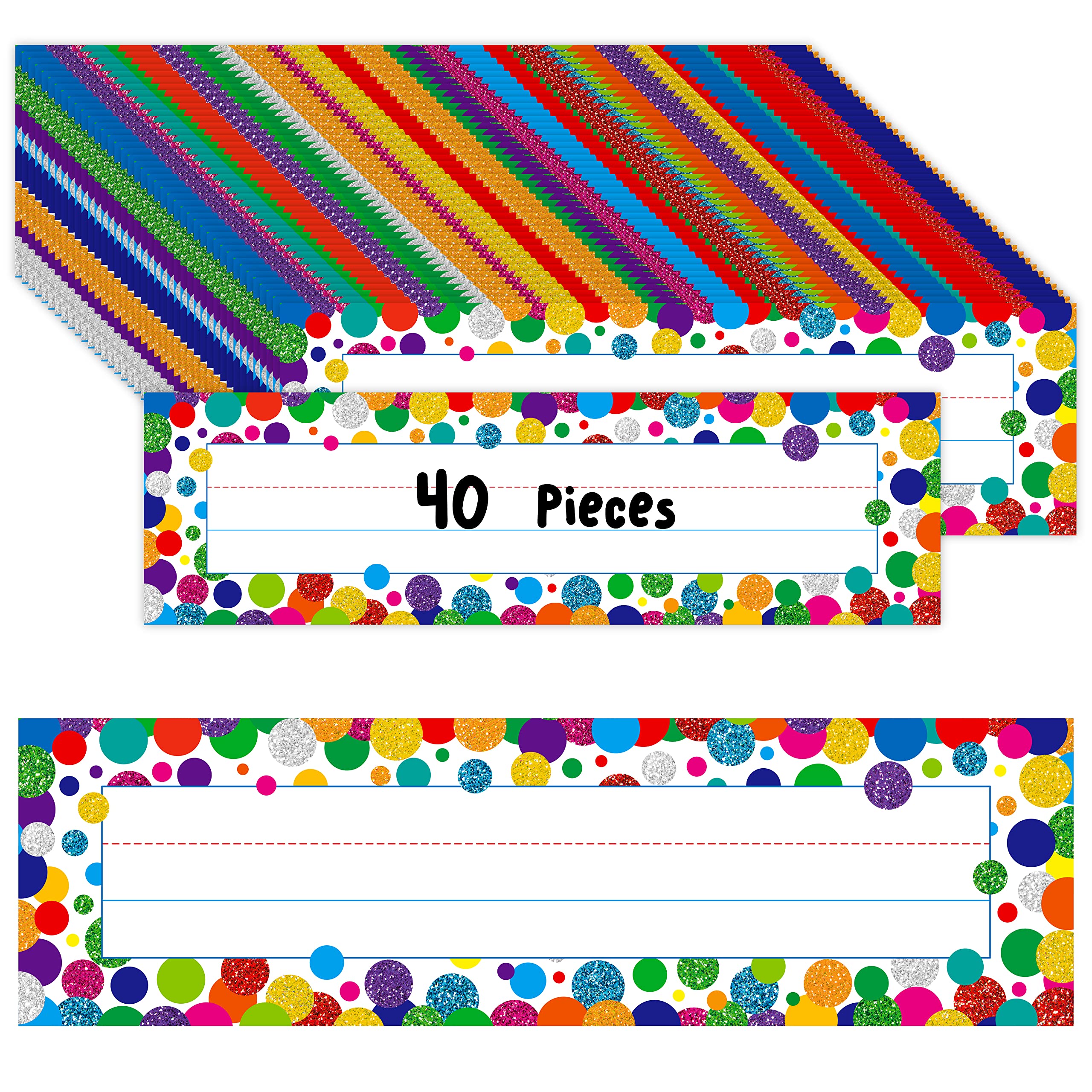 40PCS Desk Nameplates, Confetti Desk Name Tags with Double Sided PET Film Student Name Labels Erasable & Reusable Traditional Manuscript Name Plates for School Classroom Organization (10โ x 2.8โ)