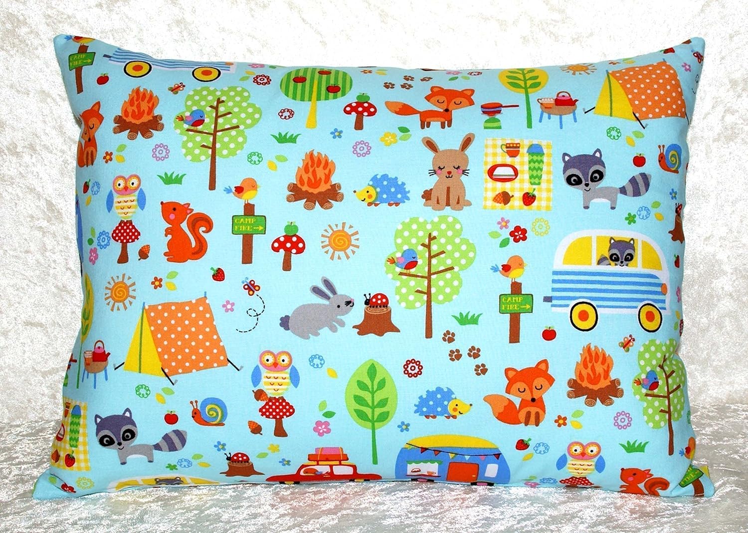 Handcrafted Pillow Cover Retro Camping On Blue Fits 16