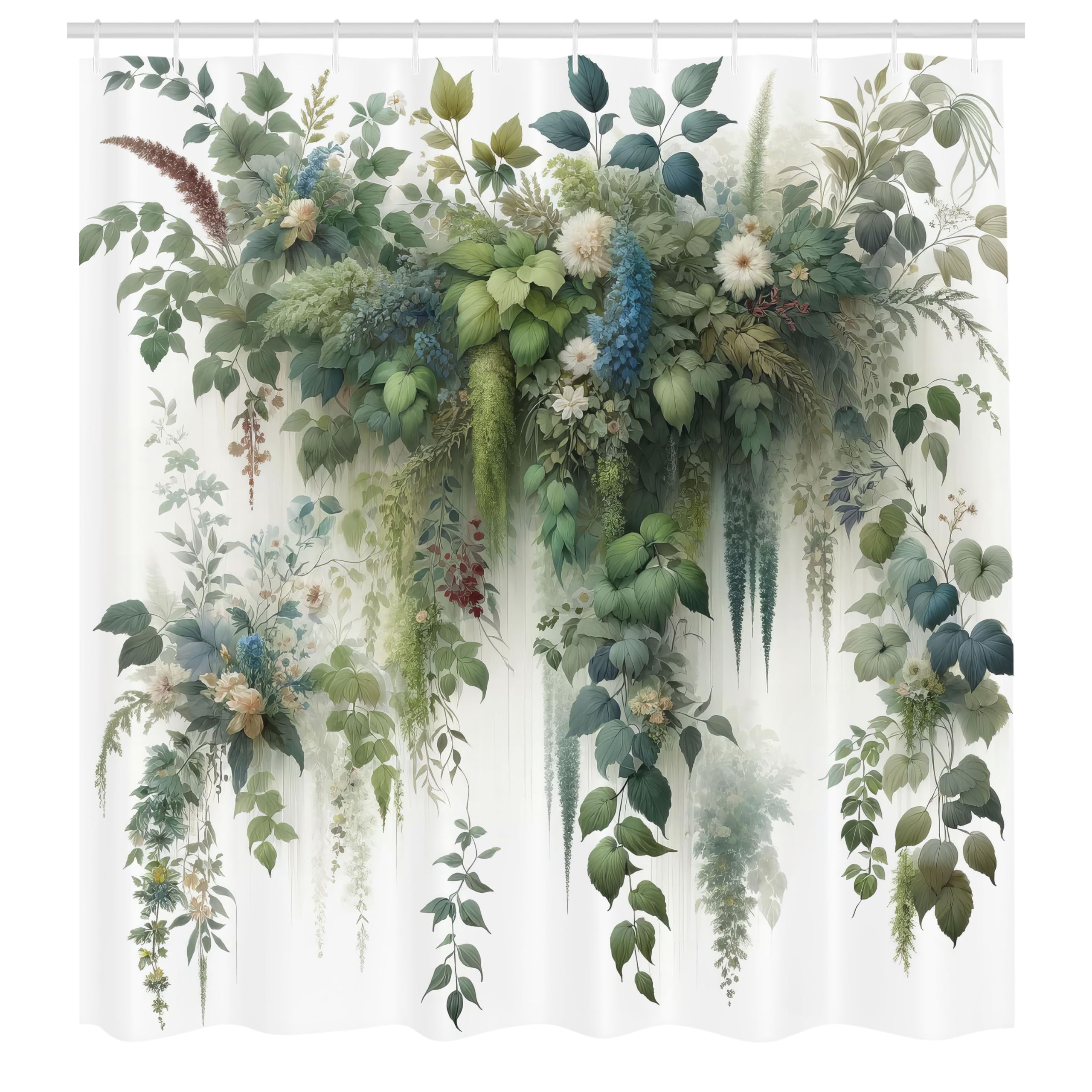 ABAKUHAUS Botanical Shower Curtain, Branches and Leaves Cascading Down Look Motif in Watercolor Style Print, Cloth Fabric Bathroom Decor Set with Hooks, 78" Inches, Green Blue White