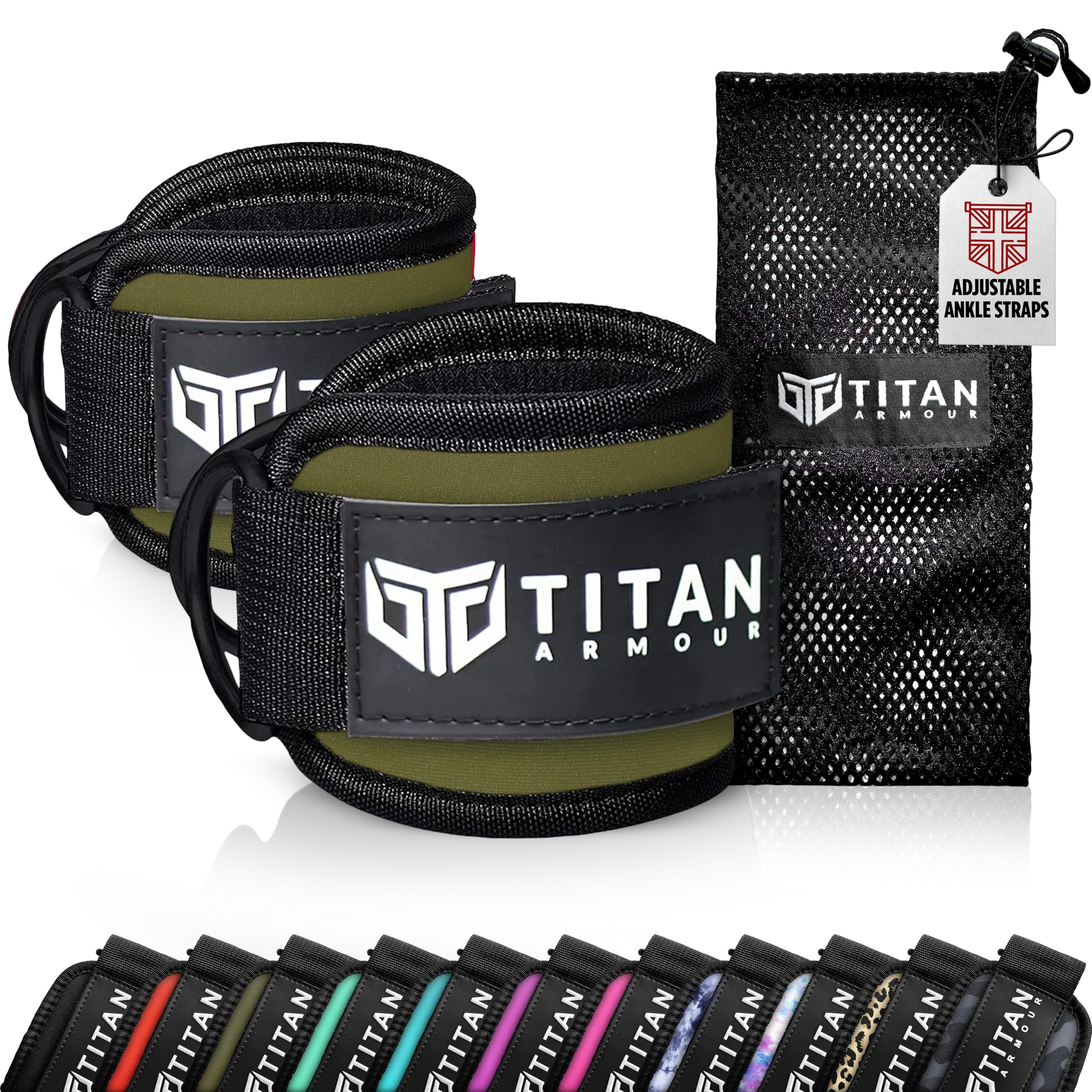 Titan Armour® Ankle Straps for Cable Machines | Gym Cuffs w/Heavy-Duty Steel Double D-Rings & Adjustable Strap | Lower Body Workouts Inc. Leg Extension, Leg Curl & Glute Kickback | Men & Women