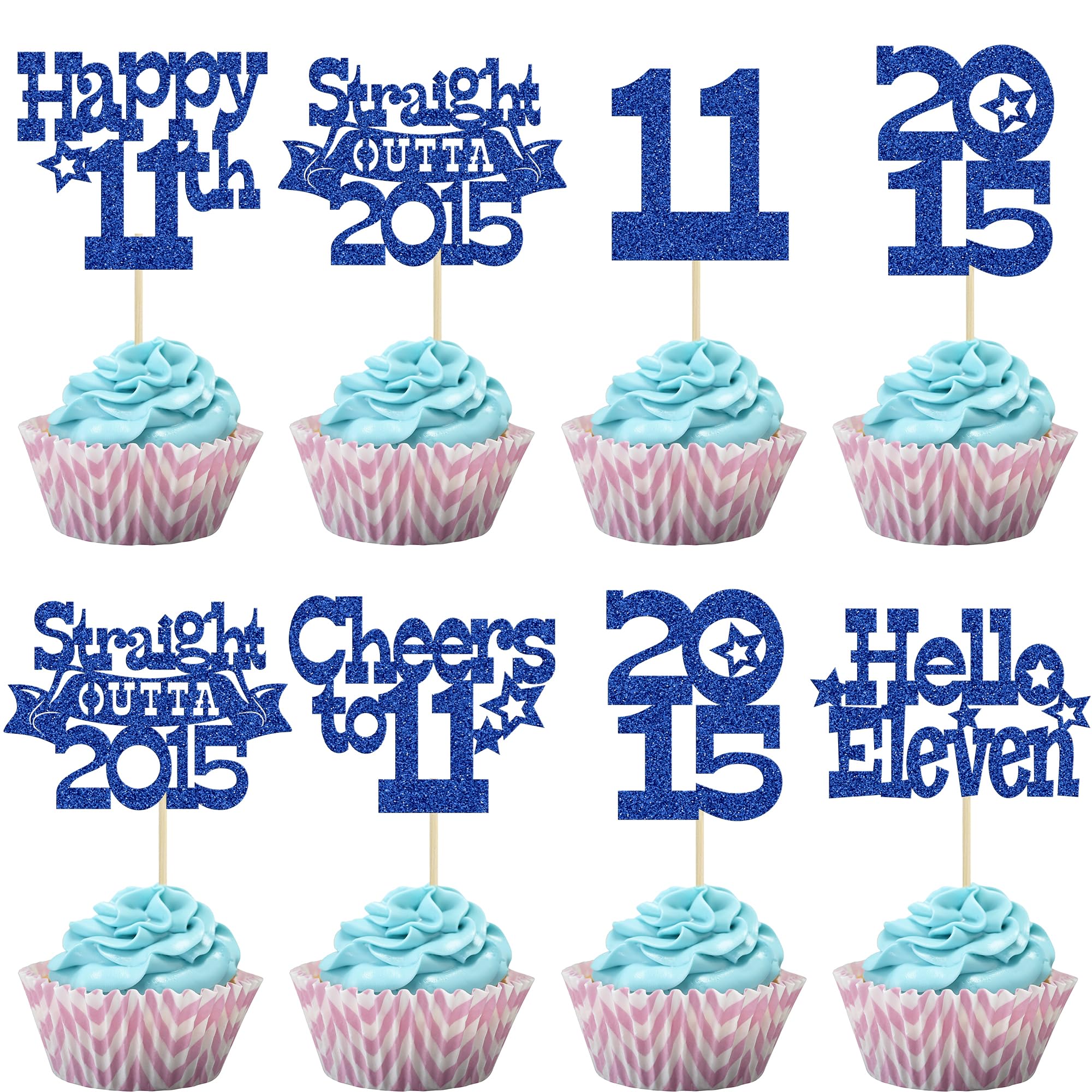 Ephlyn 30Pcs Happy 11th Birthday Cupcake Toppers Glitter Eleven Straight Outta 2015 Cupcake Picks Cheers to 11 Years Cake Decorations for 11th Birthday Party Supplies Blue