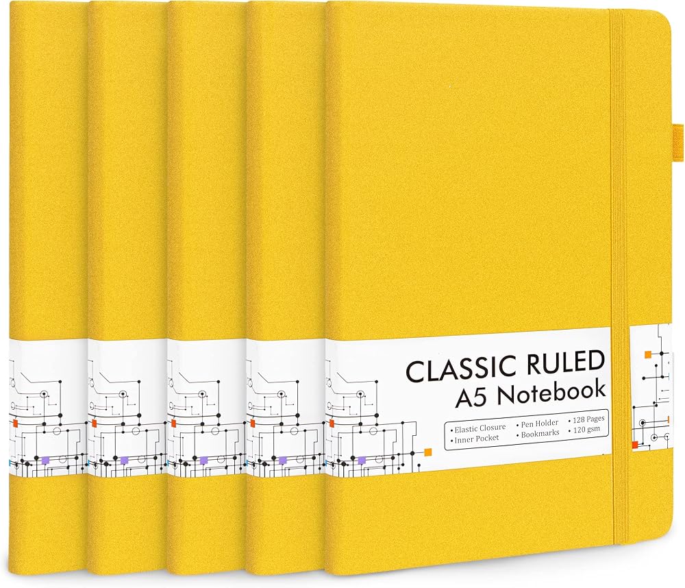 Feela 5 Pack A5 Notebooks Hardback Ruled Lined 128 Pages 21x13 cm Yellow
