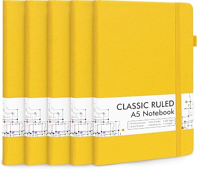 Feela 5 Pack A5 Notebooks Hardback Ruled Lined 128 Pages 21x13 cm Yellow