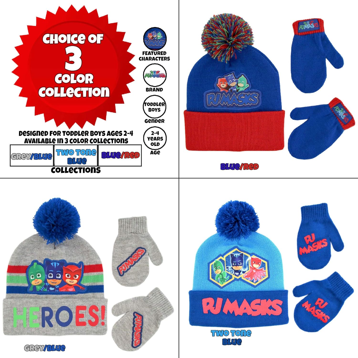PJ Masks Boys Winter Hat Set, Catboy, Owlette and Gekko Toddler Beanie and Mittens for Kids Age 2-4, Light Blue: Clothing