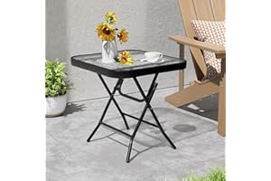PATIOHIT Foldable Outdoor Side Table with Tempered Glass Top Square 18" Folding Patio Side Table Small Glass End Tables for Patio Porch Yard Balcony Deck Lawn Dining Garden (Black)
