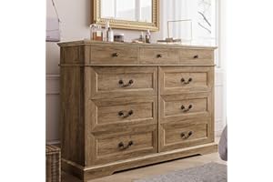 LINSY HOME 9 Drawers Dresser for Bedroom, Wide Wood Chest of Drawers with Metal Handle, Farmhouse Tall Drawer Organizer for Bedroom, Closet, Living Room, Hallway and Entryway, Rustic Oak