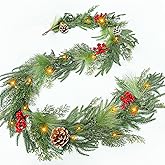 Prelit & Timer - 6FT Christmas Garland with Lights, Real Touch Norfolk Pine Garland Green Cedar Garlands Pine Needle Cypress Leaves Pinecone Red Berries Lighted Garland for Fireplace Table Xmas Decor