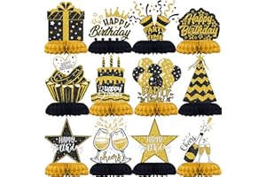 CELEE Black and Gold Birthday Decorations – 12Pcs Honeycomb Table Centerpieces, Elegant Party Table Toppers for Women, Classy Black Gold Birthday Party Supplies