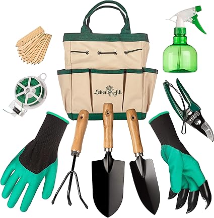 Lebensfrohh Garden Tool Set 9 Pieces 4 Tools Tote Bag Spray Bottle Labels Gloves Plant Tie Amazon Co Uk Garden Outdoors