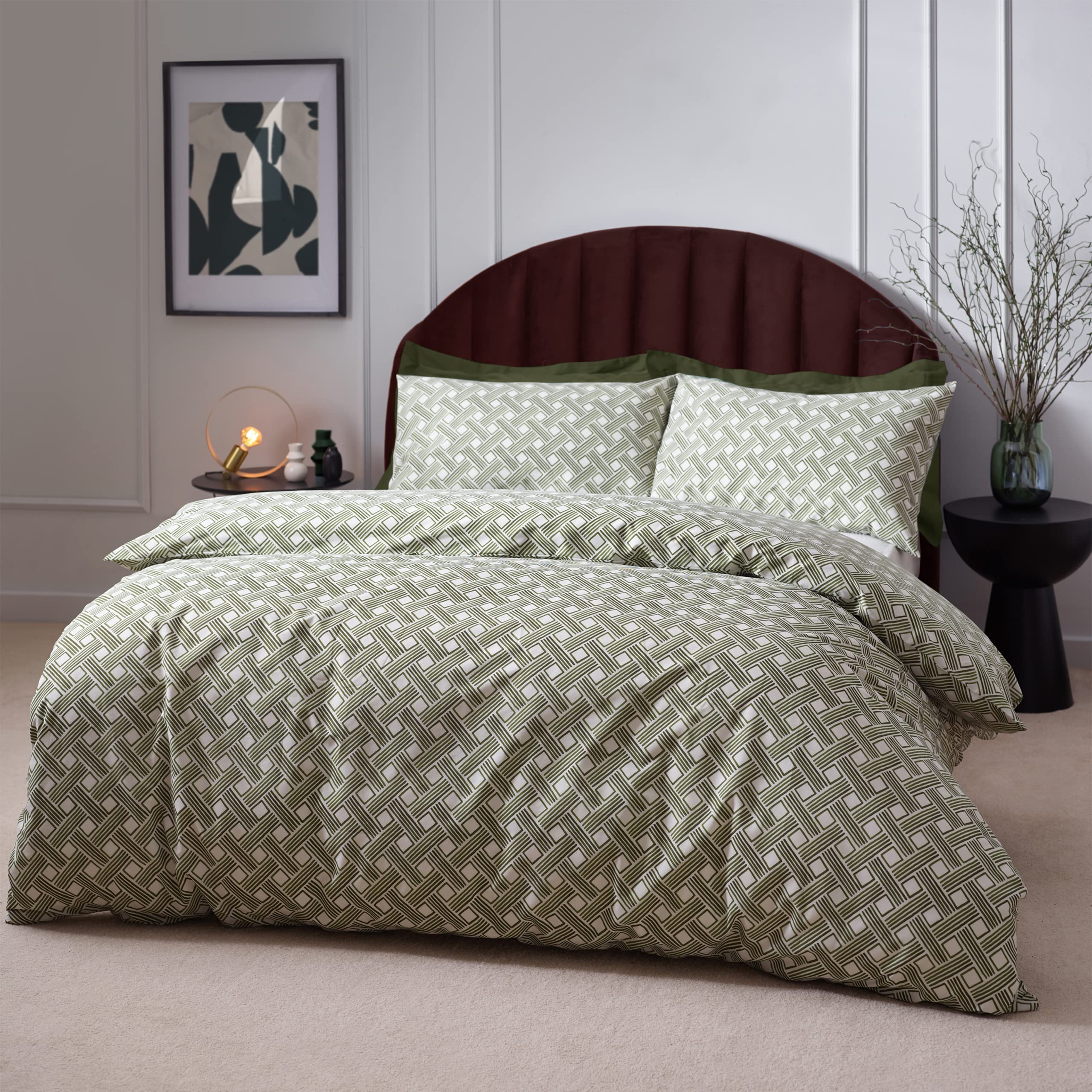 furn. Hoem Alexa Duvet Cover Set – Earthy Geometric Cotton Rich Easy Care Bedding (Olive - King) — image 1