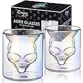 Dragon Glassware Alien Drinking Glasses - 7 oz Set of 2 Unique Double Wall Grey Alien Inspired Design from Area 51 - Novelty Gift for Outer Space Enthusiasts - Fun and Stylish Tumblers