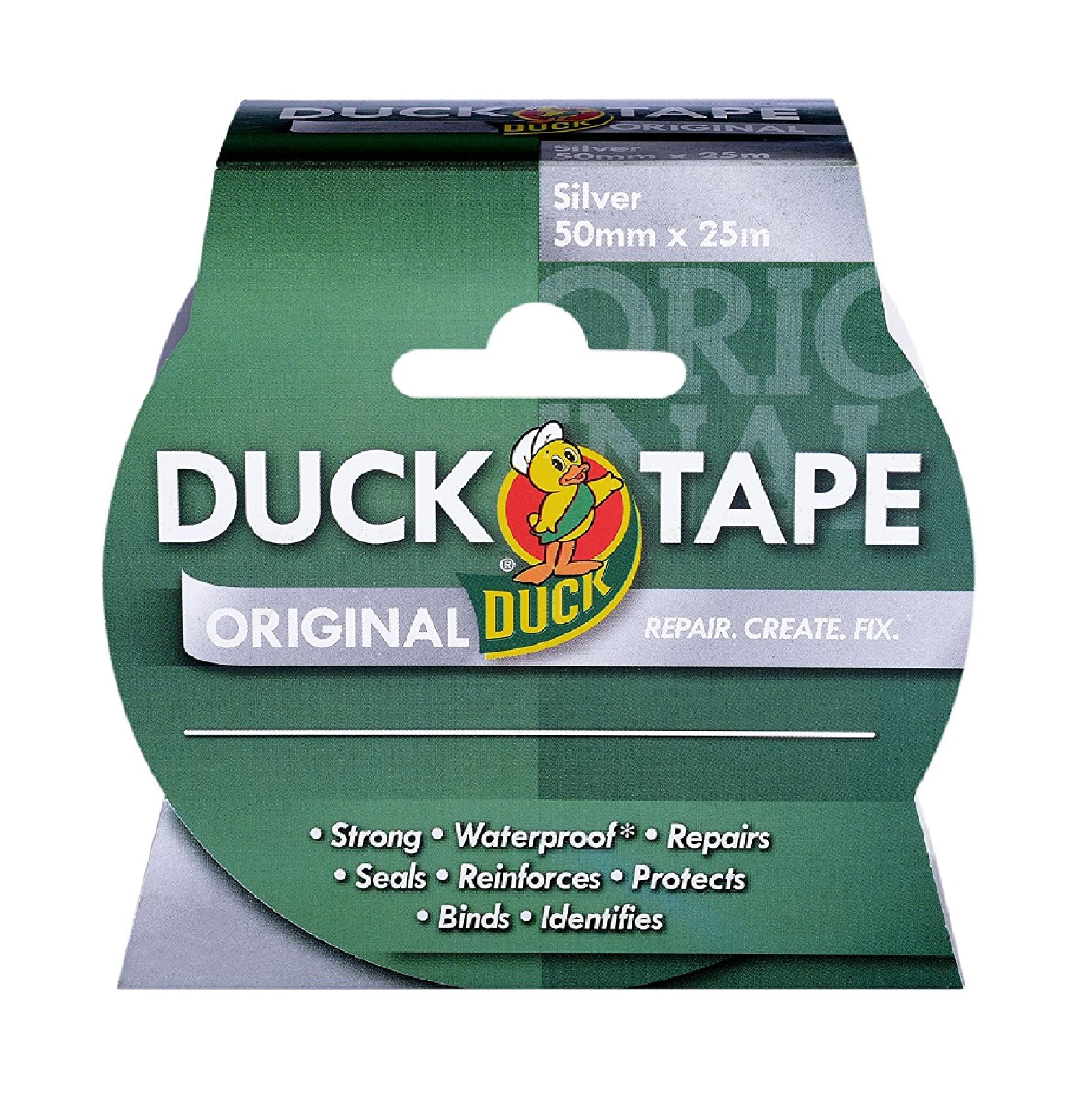 Duck Tape Original Silver, 50mm x 25m. The original high strength waterproof gaffer and duct adhesive cloth repair tape