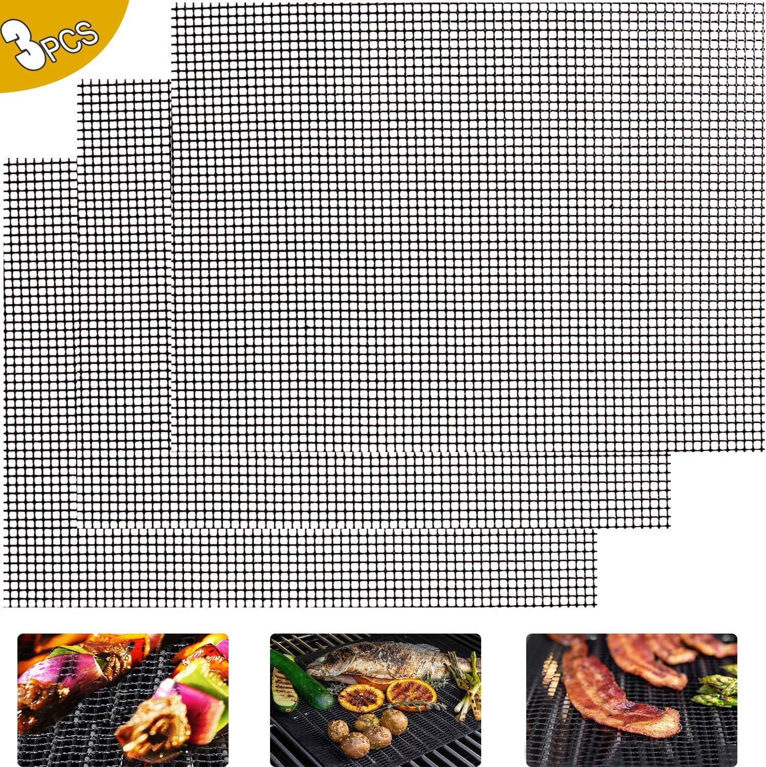 ODSPTER BBQ Grill Mat, Set of 3 Non Stick Grill BBQ Baking Mesh Mats for Gas, Charcoal, Oven and Electric Grills, FDA Approved Reusable (40x30)