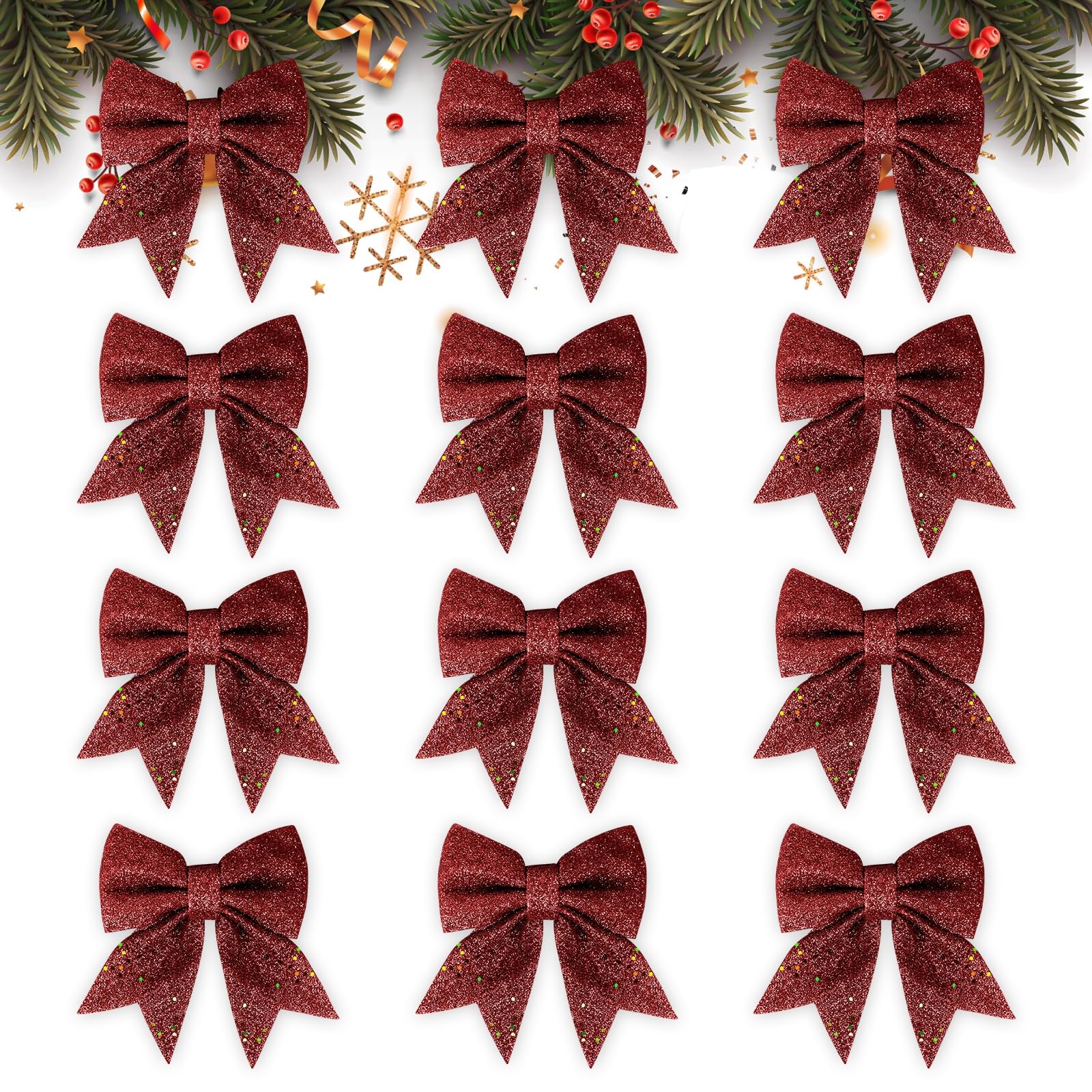 GXFCING 12 Pack Red Christmas Bows for Christmas Tree 6 x 5 Inch Glitter Christmas Tree Bows Wreaths Bows Red Sequin Bow Ties Christmas Xmas Tree Decorations