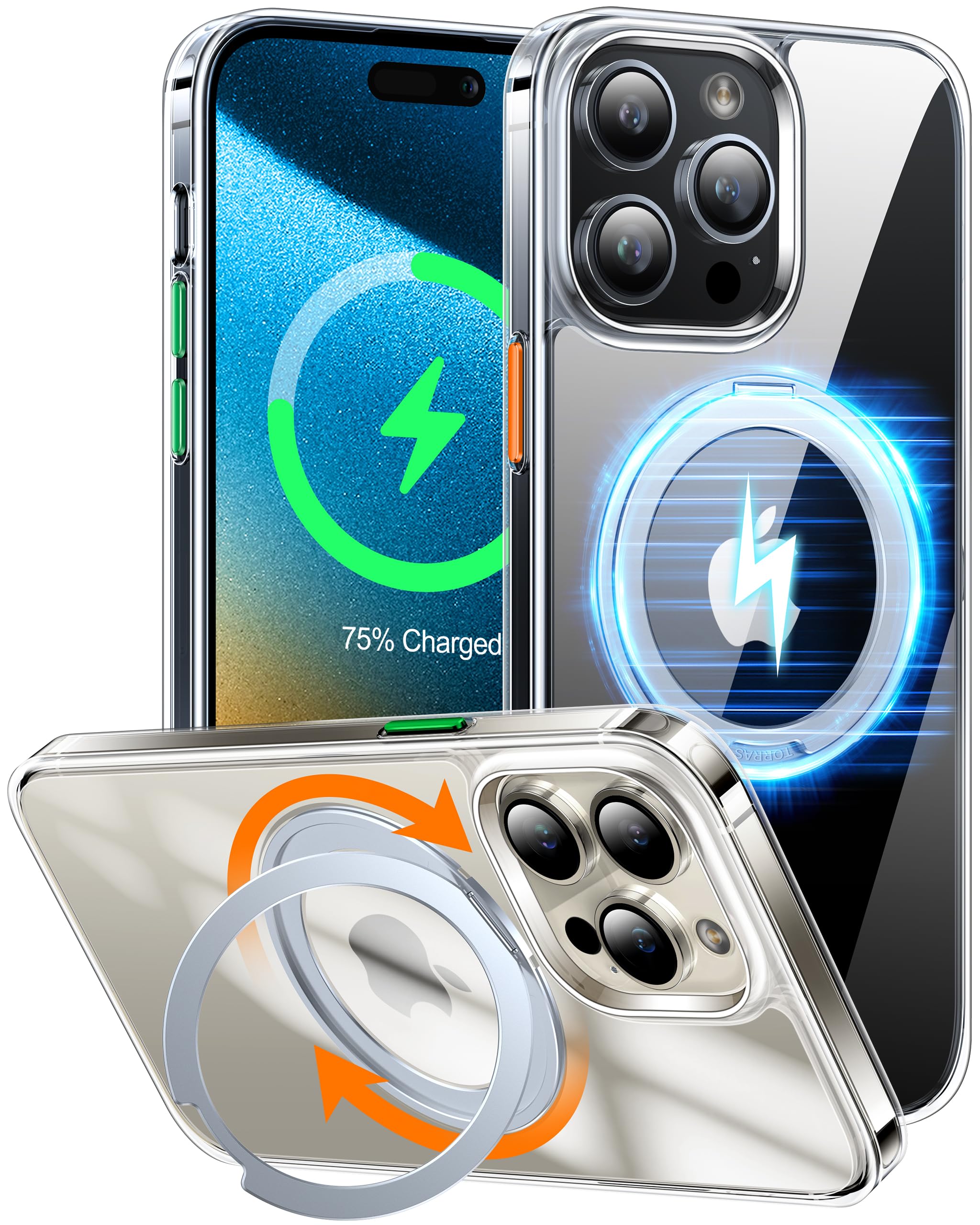 TORRAS Ostand R Series iPhone 15 Pro Case Shockproof with Stand [Military-Grade Protection] [360° Rotatable Magnetic Ring] Slim Phone Case for iPhone 15 Pro Cover Clear