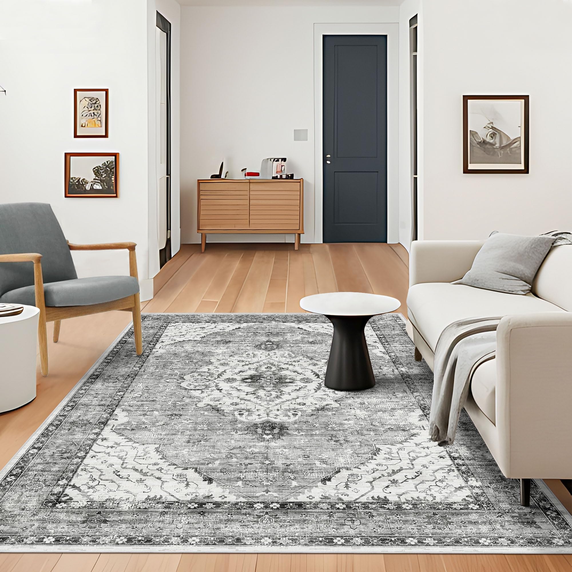 Photo 1 of Deerly 5x8 Rugs for Bedroom Living Room - Machine Washable Rugs Large Non-Slip Family & Pet Friendly Area Rugs Carpet Oriental Neutral Print Floor Rug Border Grey/Navy