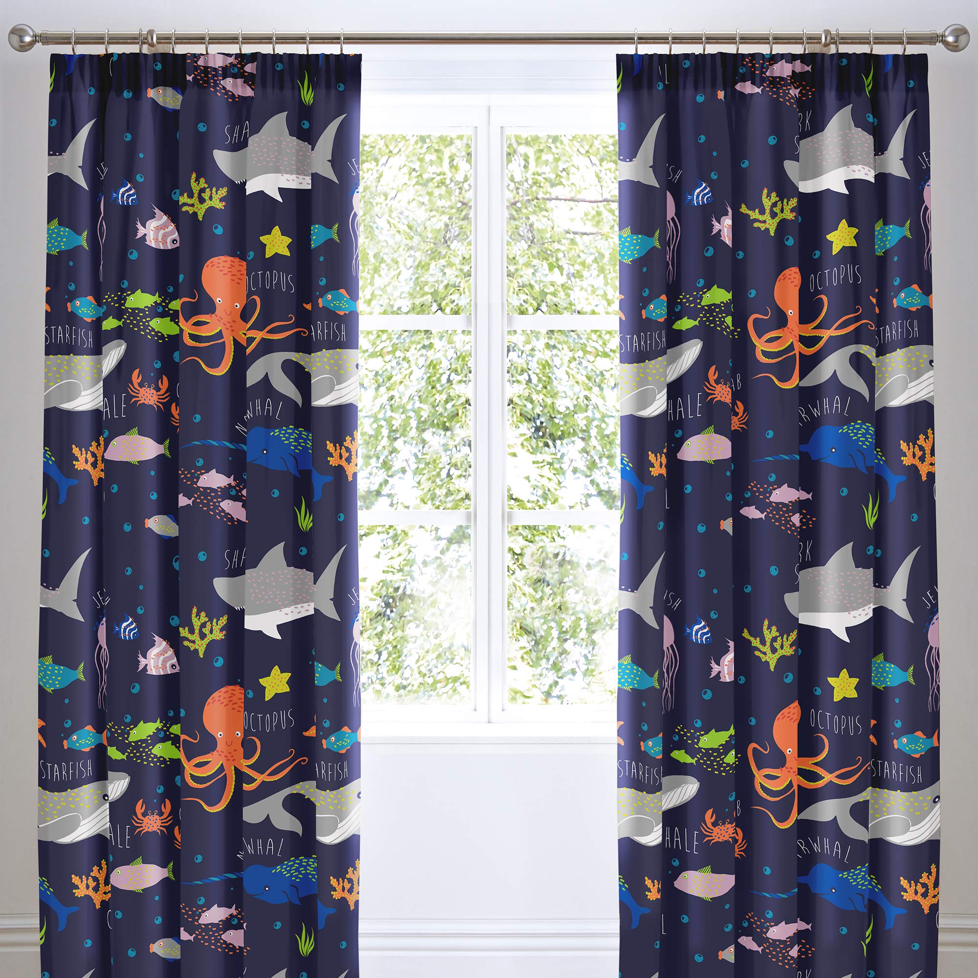 Bedlam - Sea Animals Curtains - Two Panels W66 x L72 (168 x 183cm) Sharks, Fish & Whales Bedding for Kids - Dark Blue Pencil Pleat Curtains for Boys - Sea Creatures Bedroom Accessories