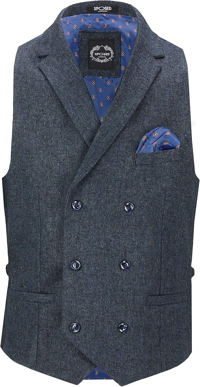 Mens Tweed Waistcoat Vintage Style Collar Double Breasted Smart Retro
