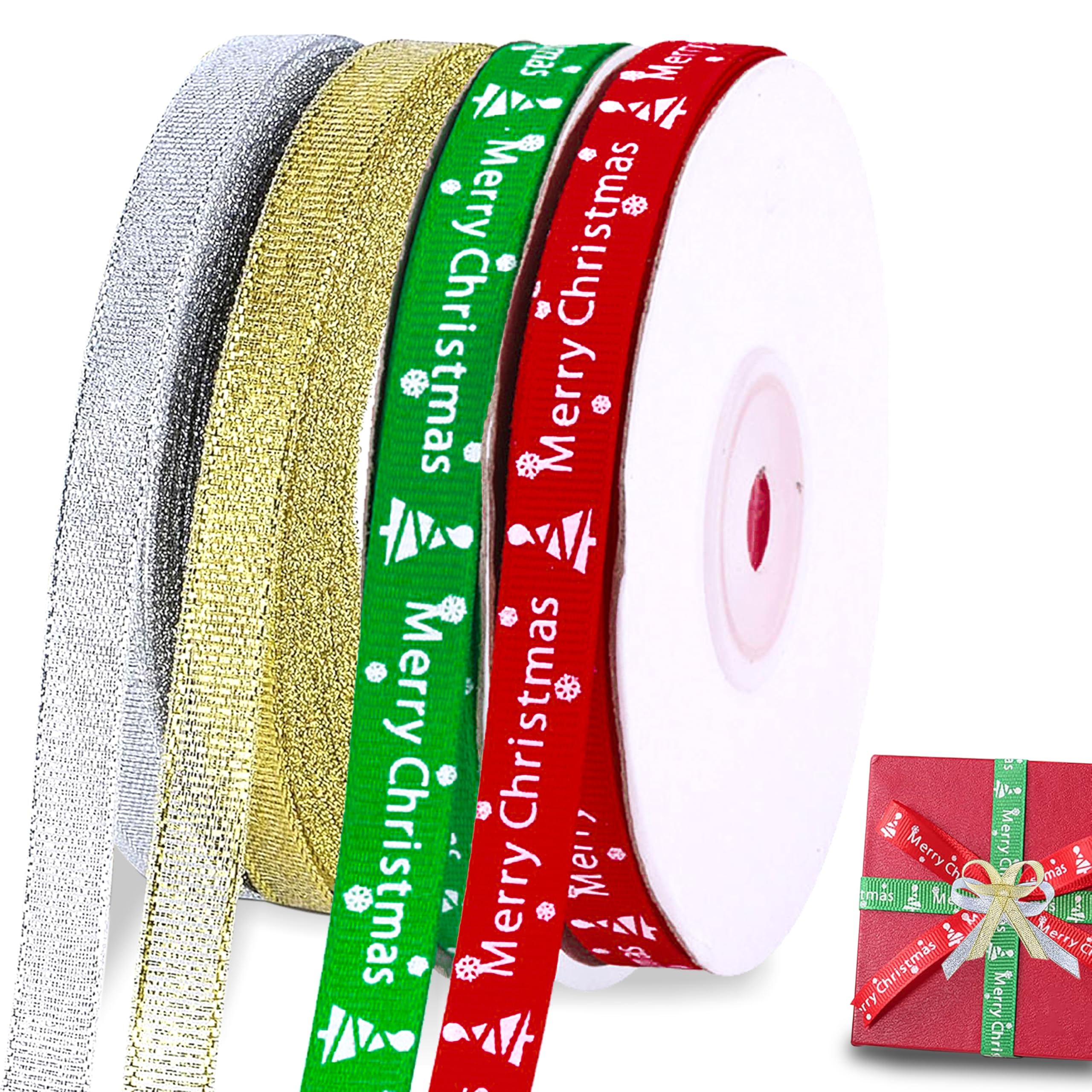 Christmas Ribbon for Gift Wrapping-Satin Ribbons Red, Green, Golden & Silver for Merry Christmas Gifts - Designs 1cm Width & 22m Length - Wired Perfect for Decorations